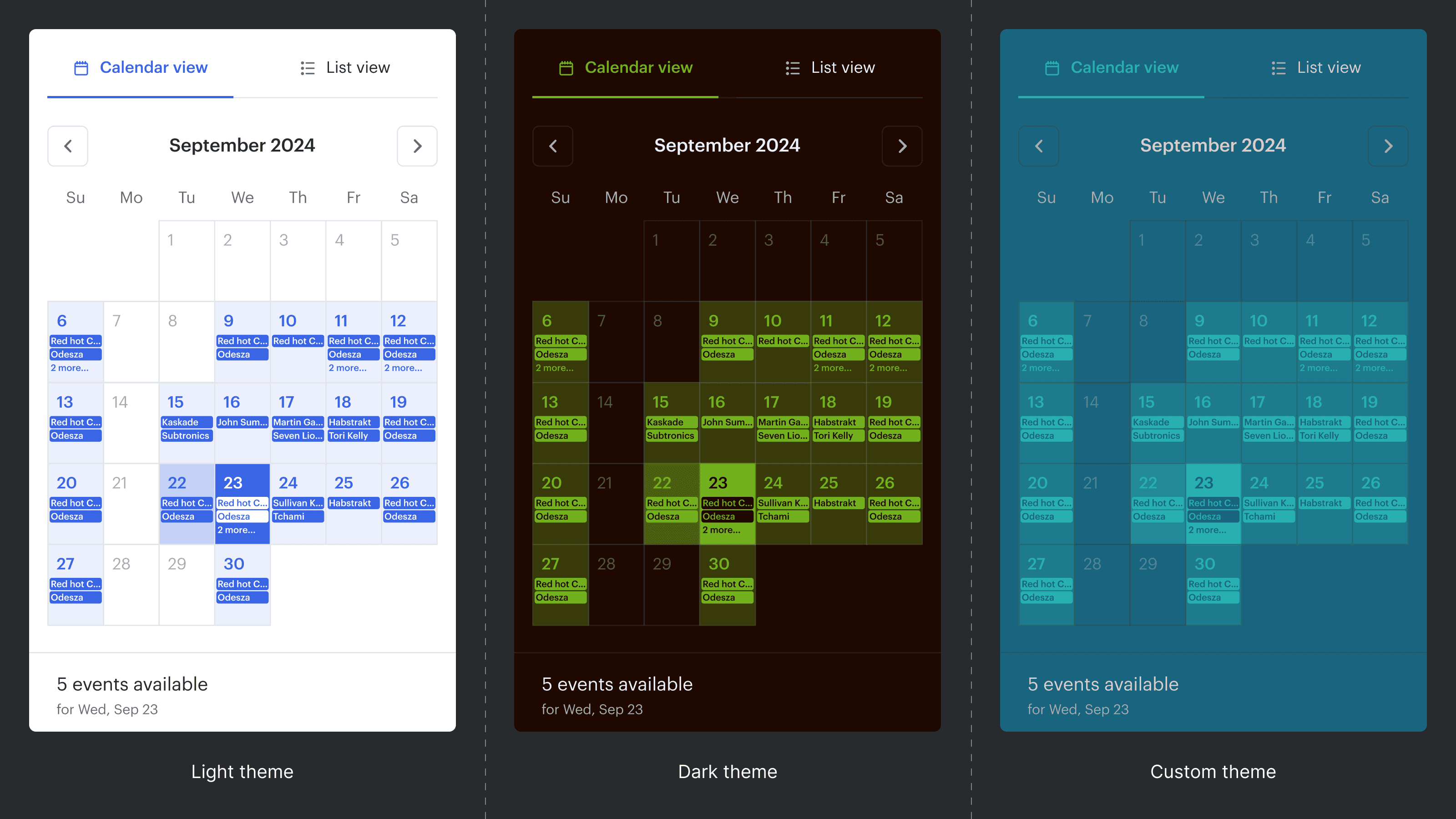 Calendar view — event names surfaced at date level