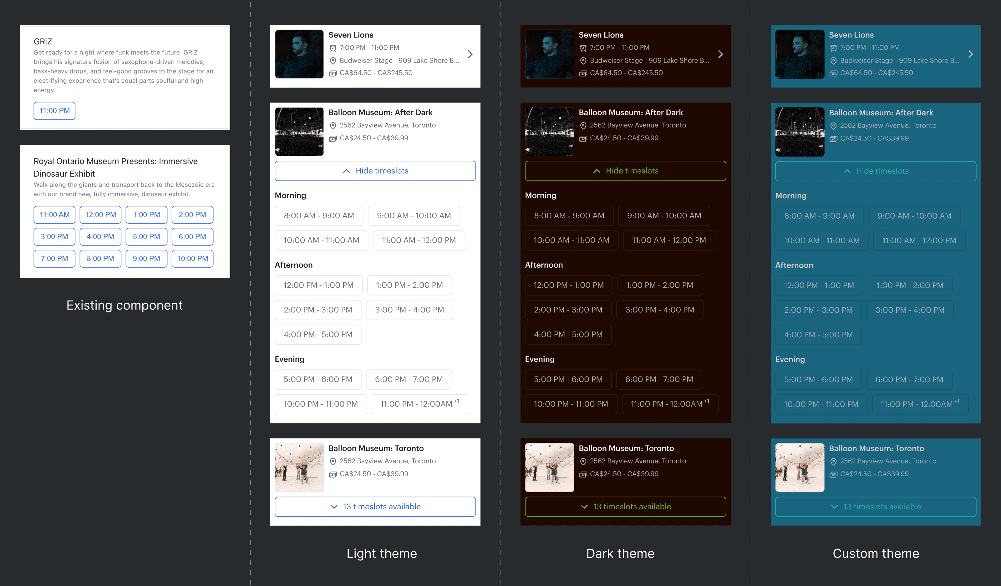 Event card — single and multi-timeslot variants