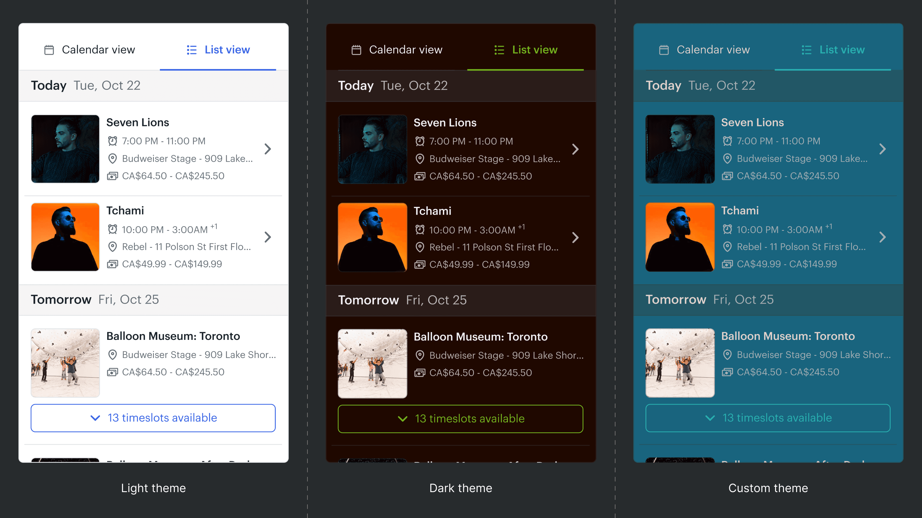 List view — mobile event browsing